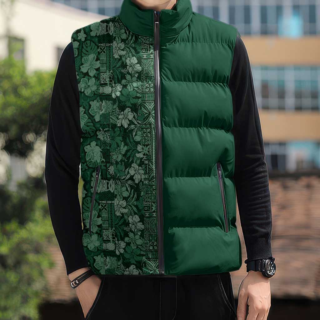 Hawaiian Tribal Elements Hibiscus Sleeveless Puffer Jacket Green Pattern LT9 - Polynesian Pride