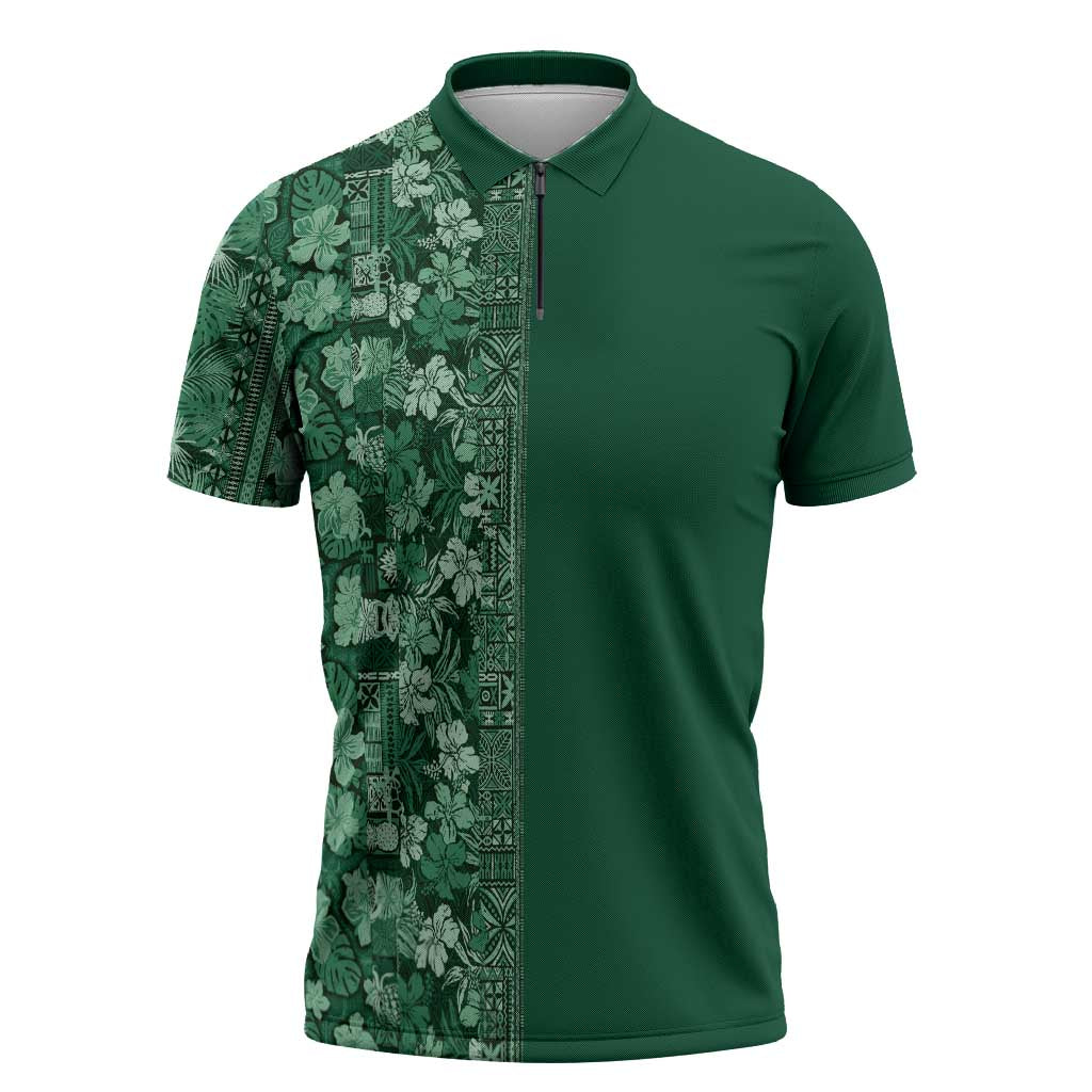 Hawaiian Tribal Elements Hibiscus Zipper Polo Shirt Green Pattern LT9 Green - Polynesian Pride