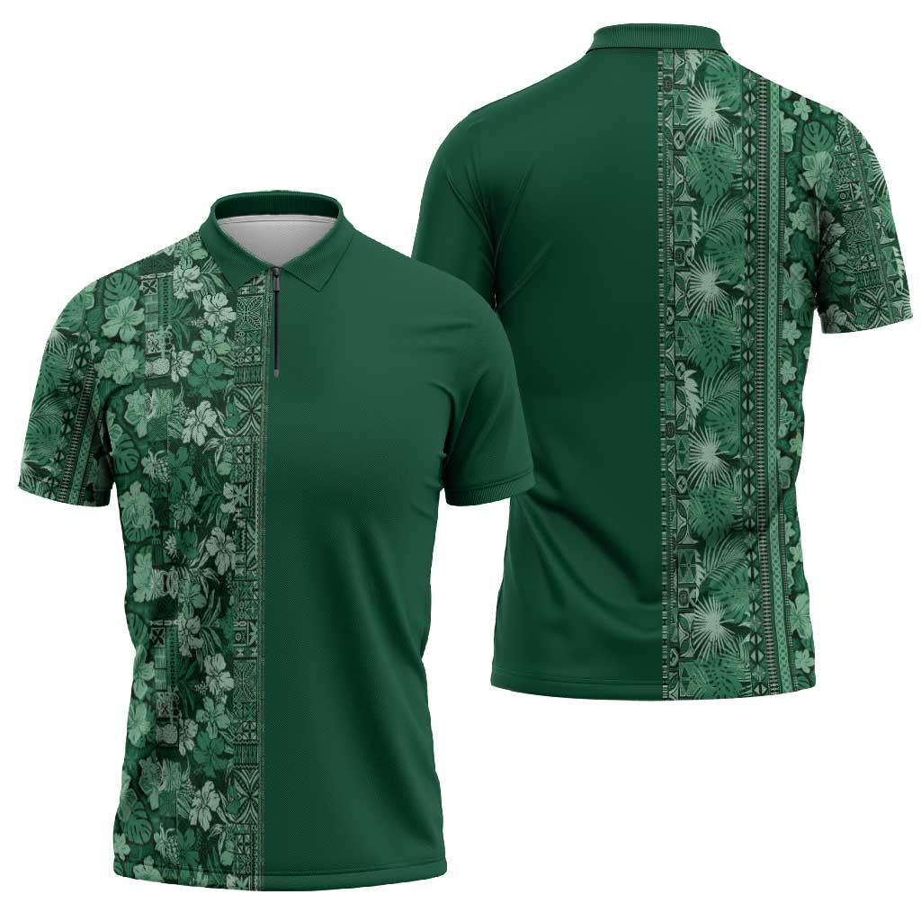 Hawaiian Tribal Elements Hibiscus Zipper Polo Shirt Green Pattern LT9 - Polynesian Pride