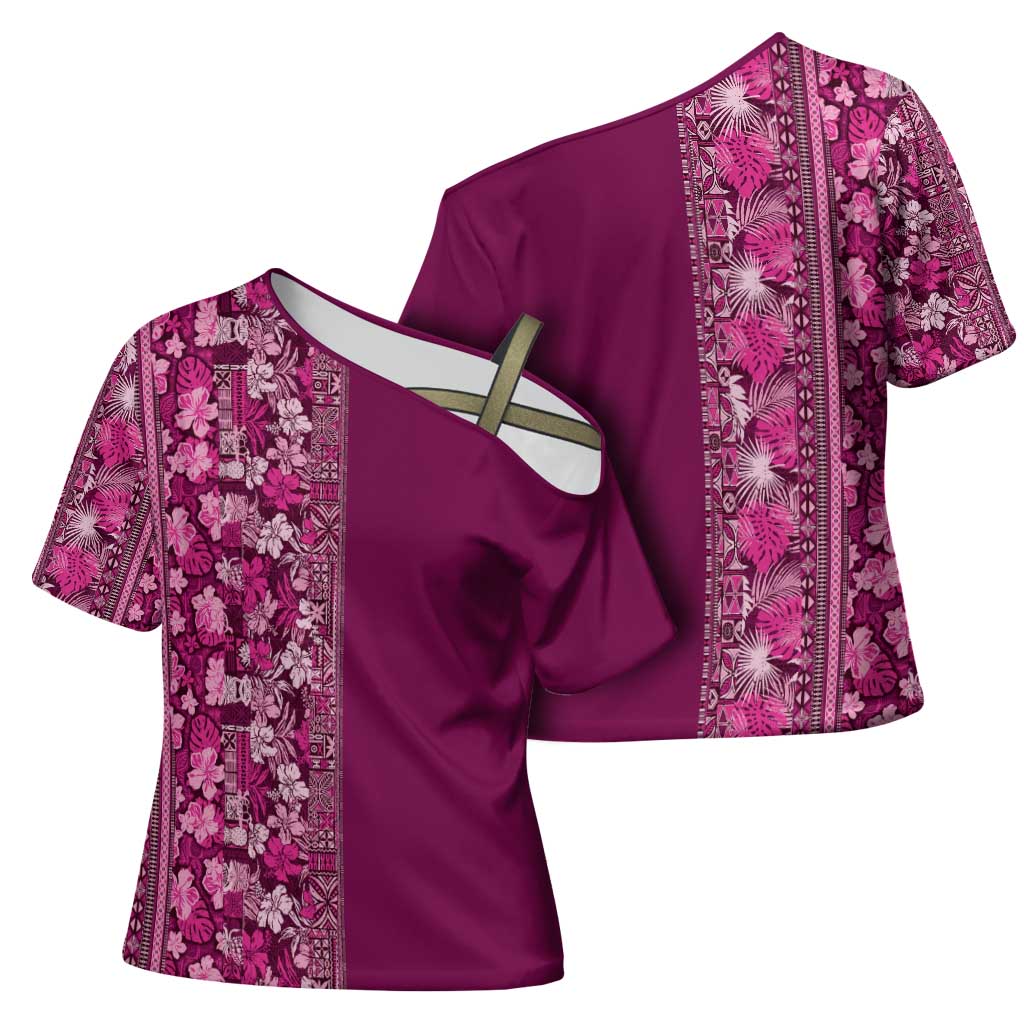 Hawaiian Tribal Elements Hibiscus Cross Shoulder Shirt Pink Pattern LT9 - Polynesian Pride