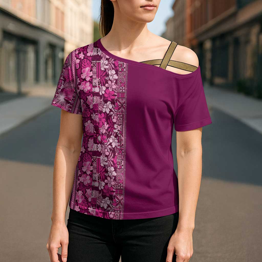 Hawaiian Tribal Elements Hibiscus Cross Shoulder Shirt Pink Pattern LT9 - Polynesian Pride