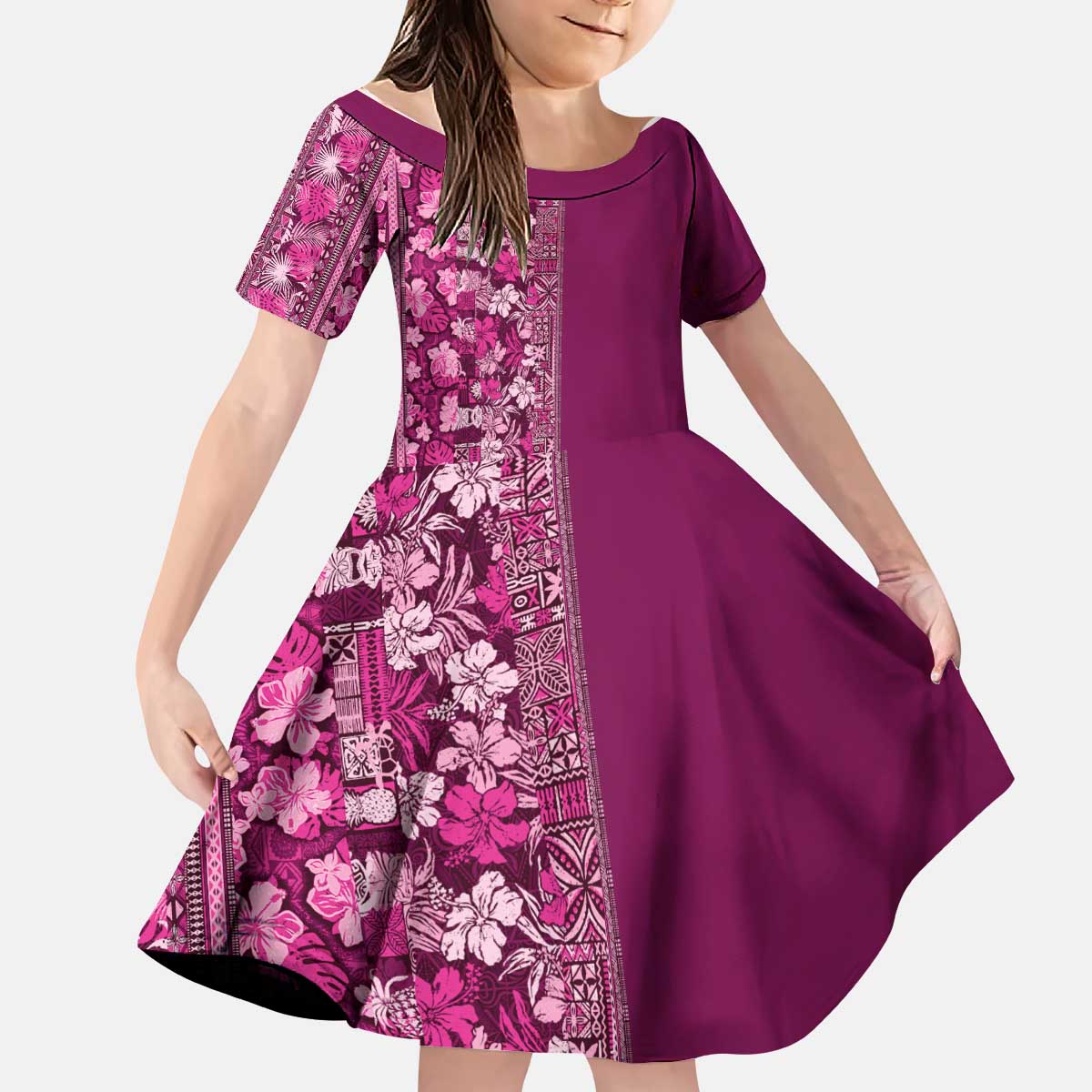 Hawaiian Tribal Elements Hibiscus Kid Short Sleeve Dress Pink Pattern LT9 KID Pink - Polynesian Pride