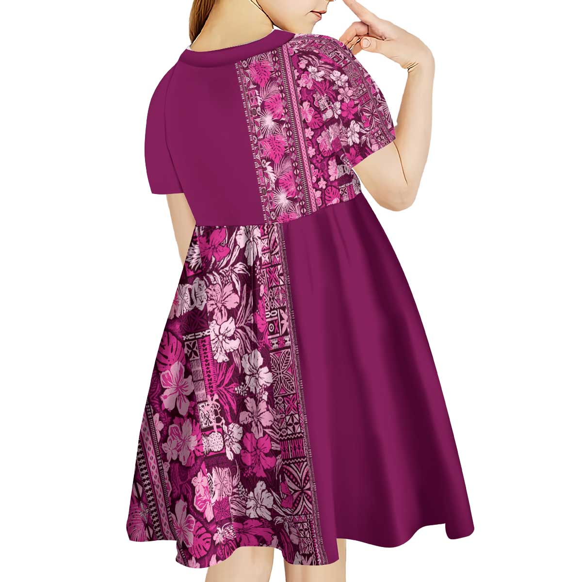 Hawaiian Tribal Elements Hibiscus Kid Short Sleeve Dress Pink Pattern LT9 - Polynesian Pride