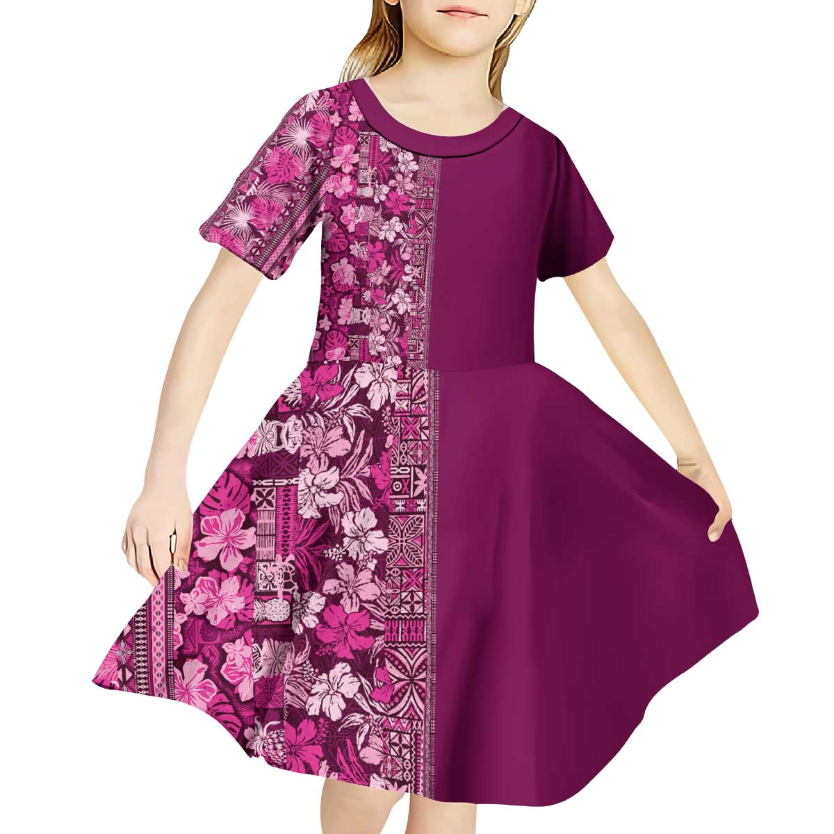 Hawaiian Tribal Elements Hibiscus Kid Short Sleeve Dress Pink Pattern LT9 - Polynesian Pride