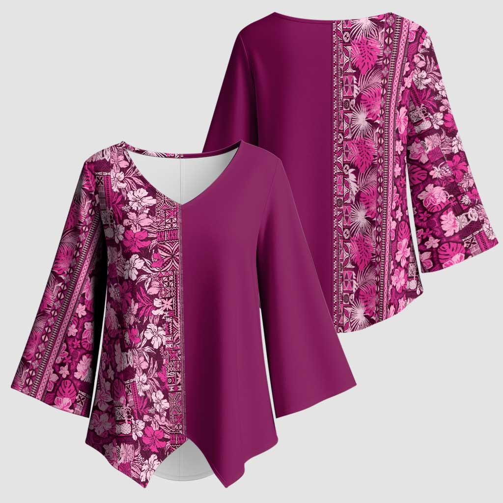 Hawaiian Tribal Elements Hibiscus Kimono Sleeve Blouse Pink Pattern LT9 - Polynesian Pride