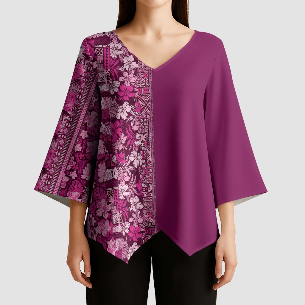 Hawaiian Tribal Elements Hibiscus Kimono Sleeve Blouse Pink Pattern LT9 - Polynesian Pride
