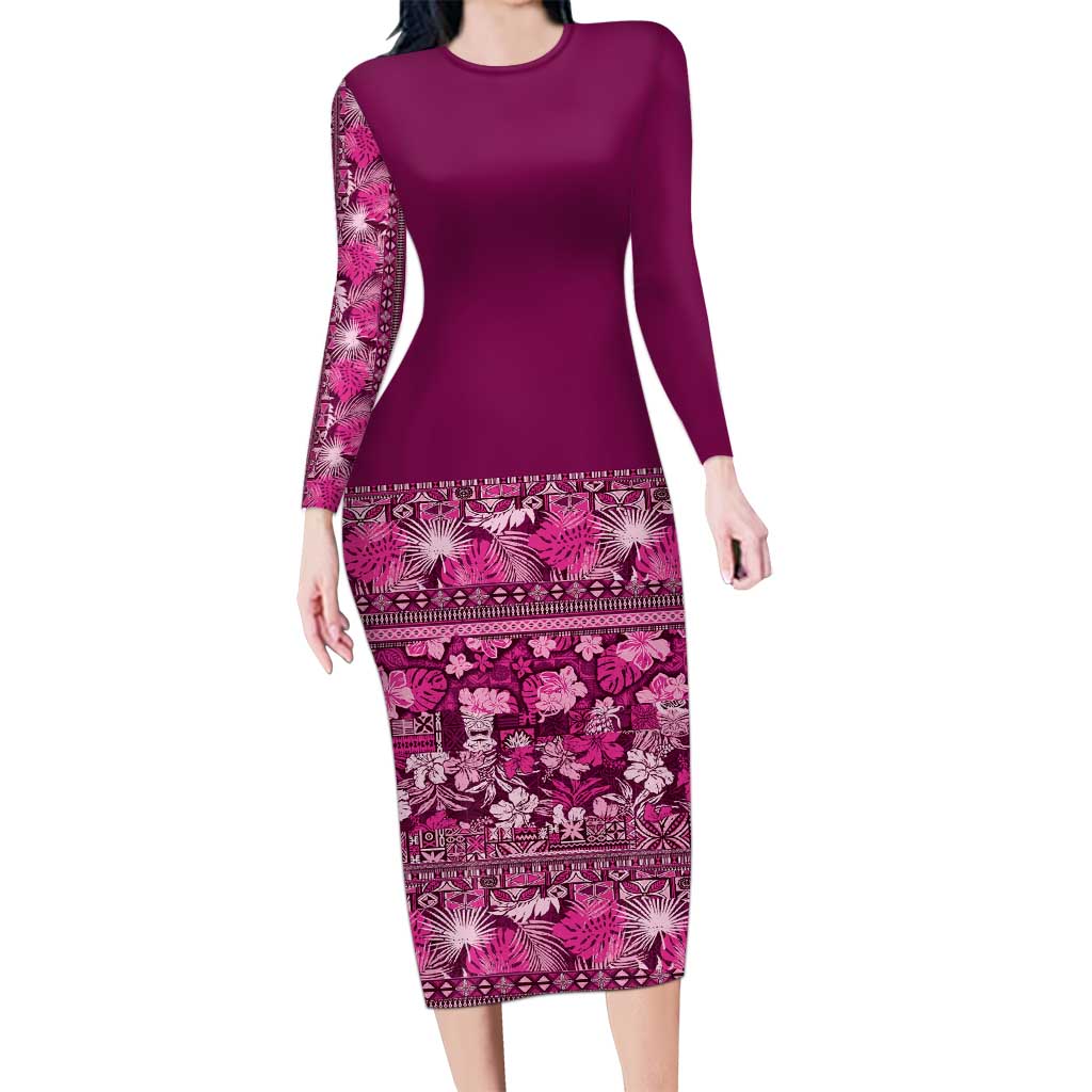 Hawaiian Tribal Elements Hibiscus Long Sleeve Bodycon Dress Pink Pattern LT9 Long Dress Pink - Polynesian Pride