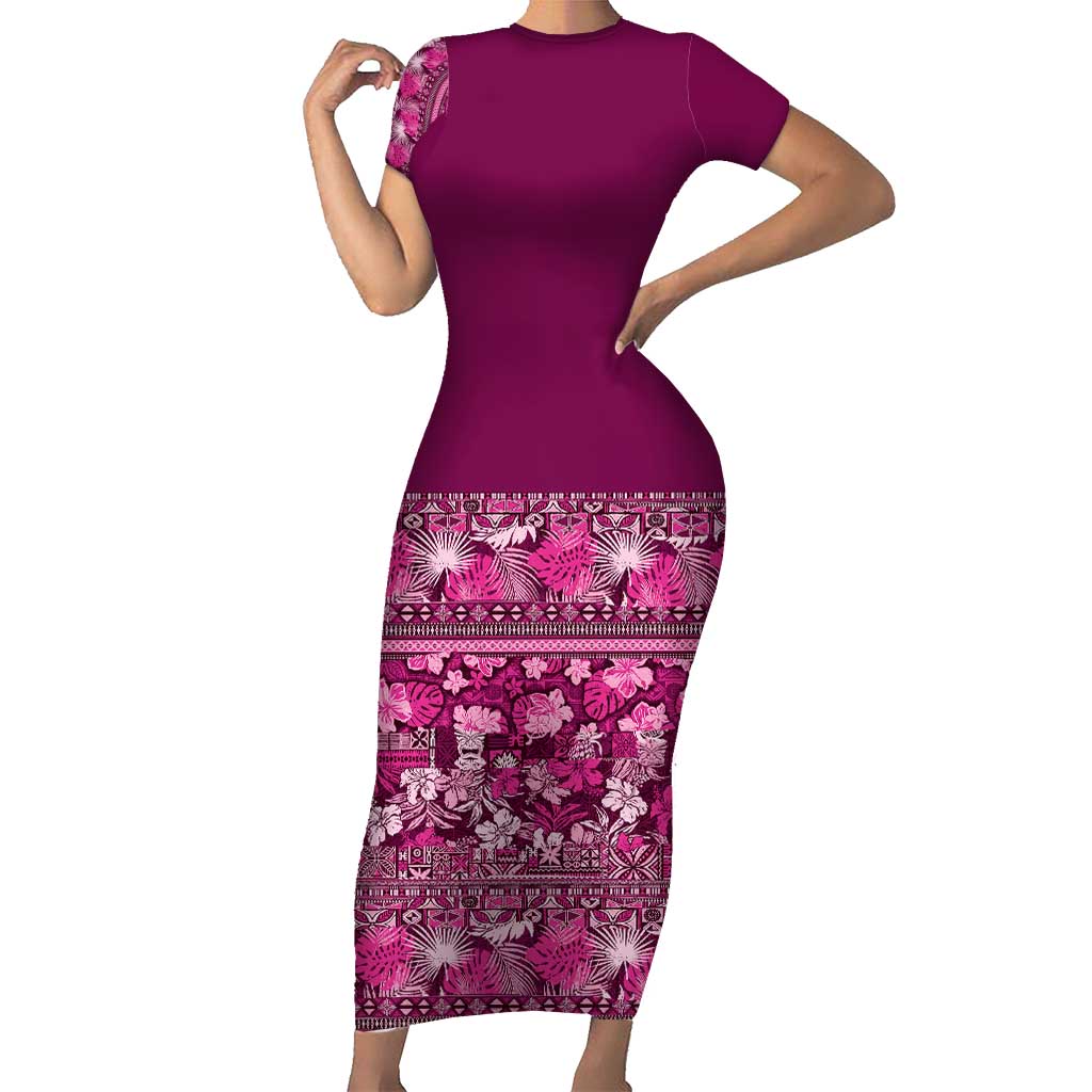 Hawaiian Tribal Elements Hibiscus Short Sleeve Bodycon Dress Pink Pattern LT9 Long Dress Pink - Polynesian Pride