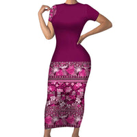 Hawaiian Tribal Elements Hibiscus Short Sleeve Bodycon Dress Pink Pattern LT9 Long Dress Pink - Polynesian Pride