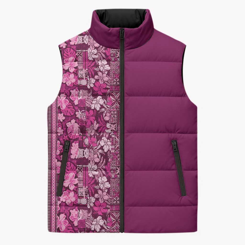 Hawaiian Tribal Elements Hibiscus Sleeveless Puffer Jacket Pink Pattern LT9 Unisex Pink - Polynesian Pride