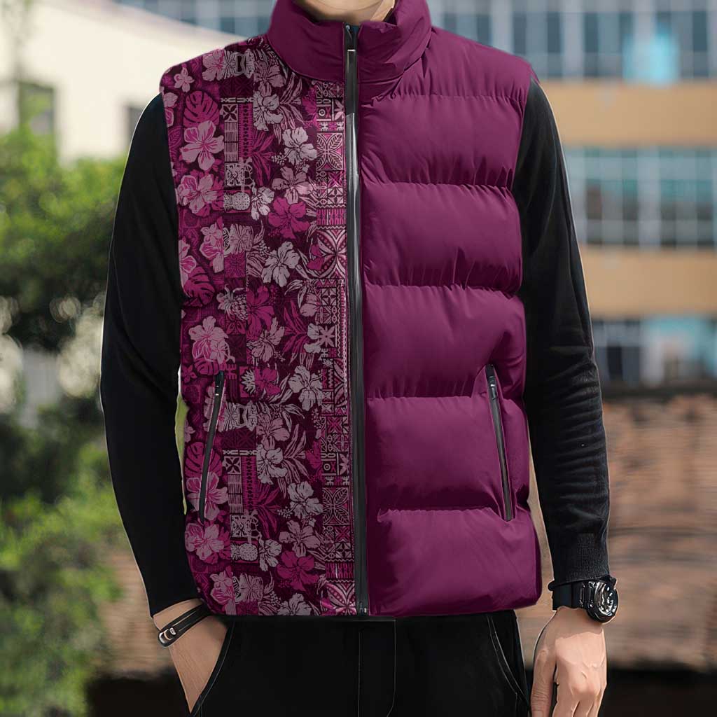 Hawaiian Tribal Elements Hibiscus Sleeveless Puffer Jacket Pink Pattern LT9 - Polynesian Pride