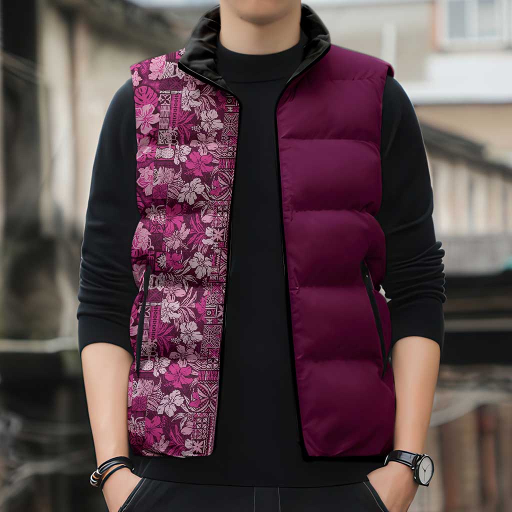 Hawaiian Tribal Elements Hibiscus Sleeveless Puffer Jacket Pink Pattern LT9 - Polynesian Pride