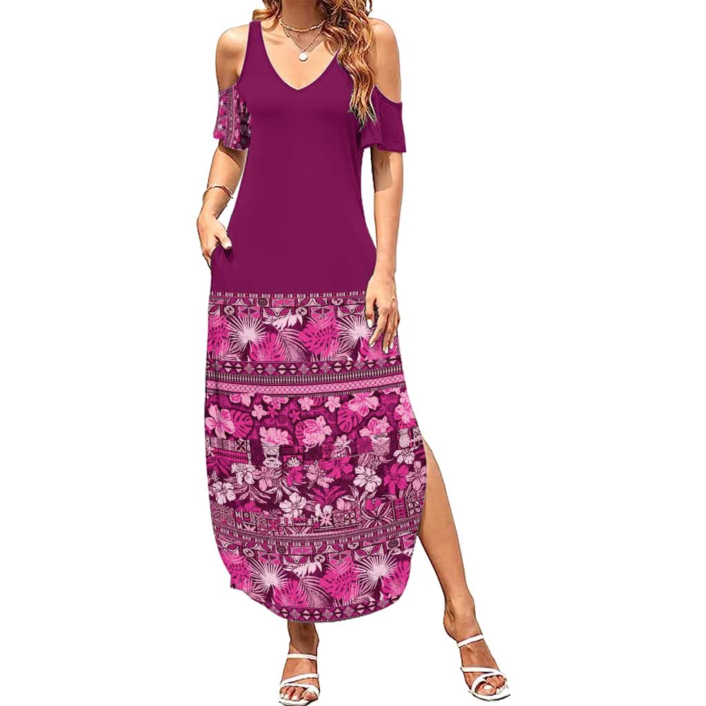 Hawaiian Tribal Elements Hibiscus Summer Maxi Dress Pink Pattern LT9 Women Pink - Polynesian Pride