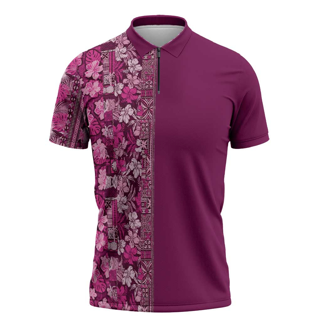 Hawaiian Tribal Elements Hibiscus Zipper Polo Shirt Pink Pattern LT9 Pink - Polynesian Pride
