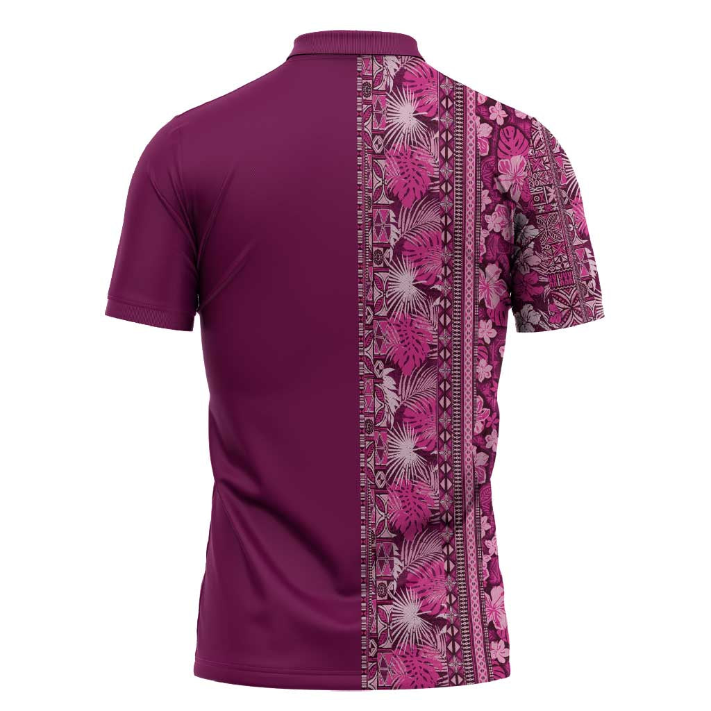 Hawaiian Tribal Elements Hibiscus Zipper Polo Shirt Pink Pattern LT9 - Polynesian Pride