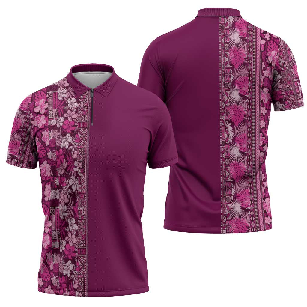 Hawaiian Tribal Elements Hibiscus Zipper Polo Shirt Pink Pattern LT9 - Polynesian Pride