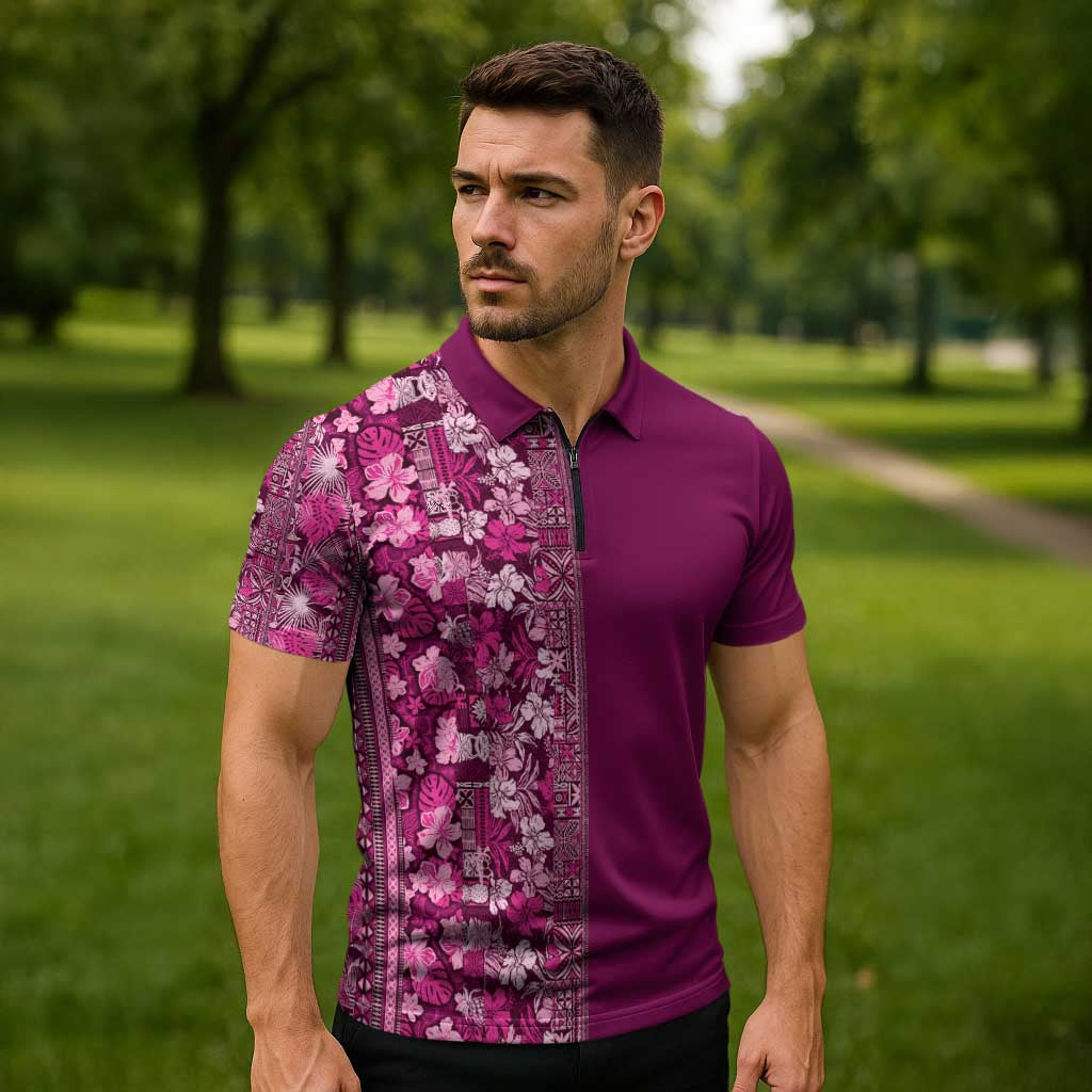 Hawaiian Tribal Elements Hibiscus Zipper Polo Shirt Pink Pattern LT9 - Polynesian Pride