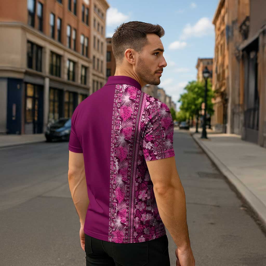 Hawaiian Tribal Elements Hibiscus Zipper Polo Shirt Pink Pattern LT9 - Polynesian Pride