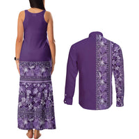 Hawaiian Tribal Elements Hibiscus Couples Matching Tank Maxi Dress and Long Sleeve Button Shirt Purple Pattern LT9 - Polynesian Pride