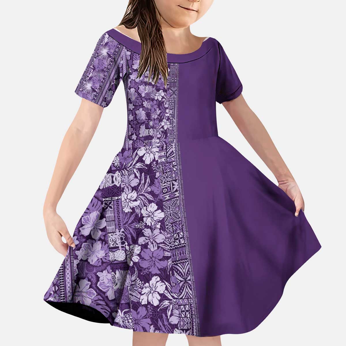 Hawaiian Tribal Elements Hibiscus Kid Short Sleeve Dress Purple Pattern LT9 KID Purple - Polynesian Pride