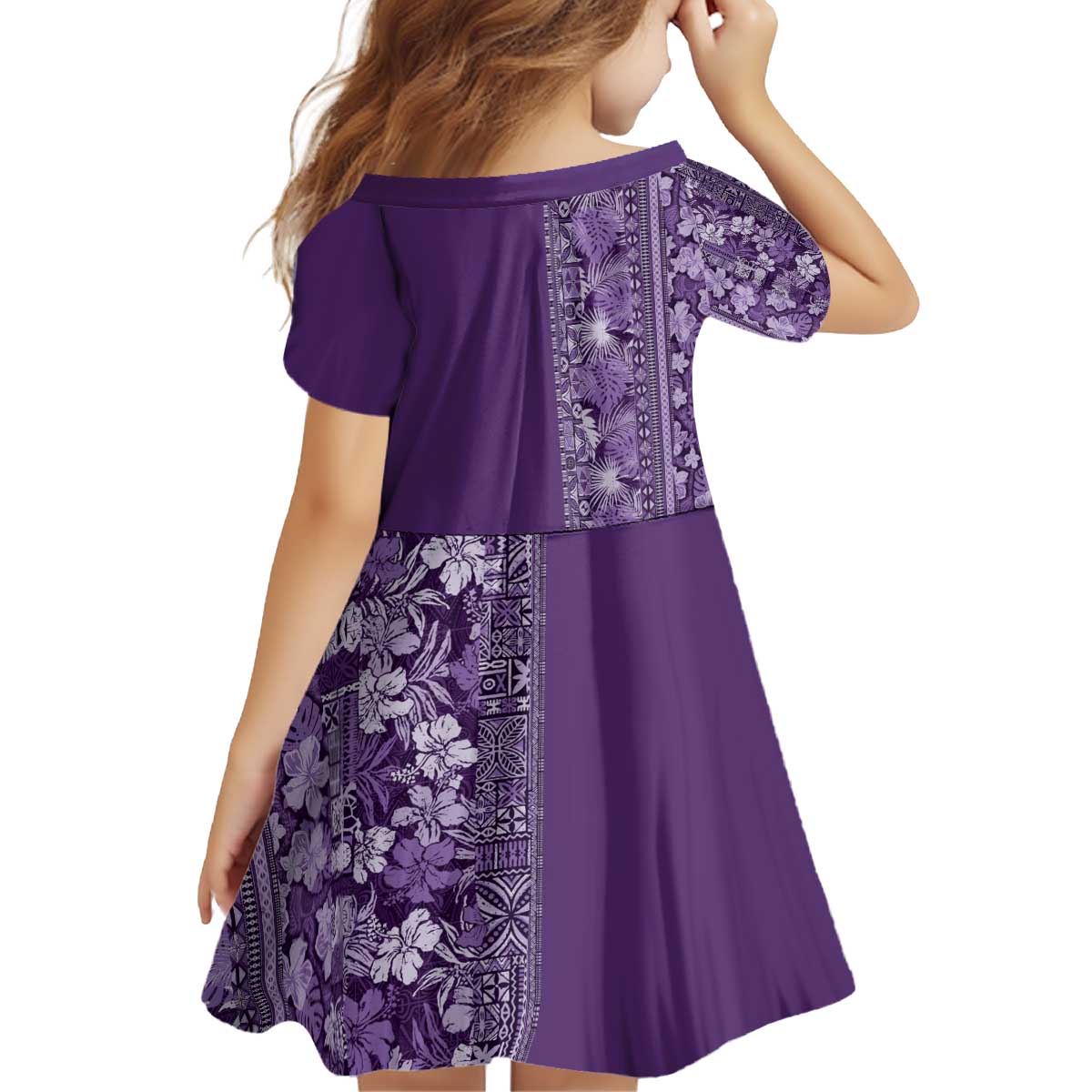 Hawaiian Tribal Elements Hibiscus Kid Short Sleeve Dress Purple Pattern LT9 - Polynesian Pride