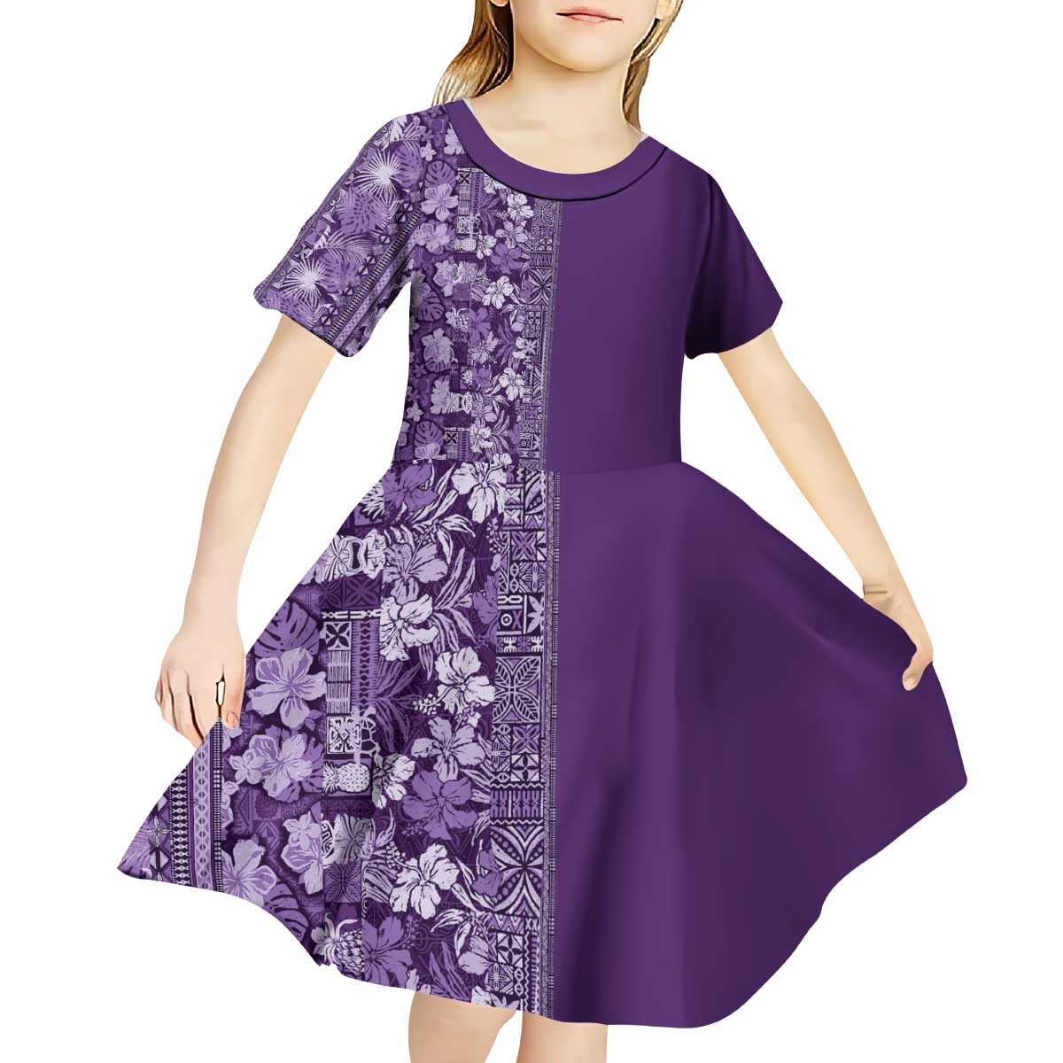 Hawaiian Tribal Elements Hibiscus Kid Short Sleeve Dress Purple Pattern LT9 - Polynesian Pride