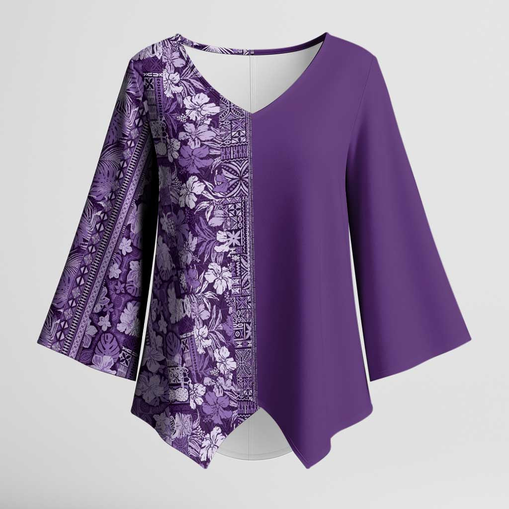 Hawaiian Tribal Elements Hibiscus Kimono Sleeve Blouse Purple Pattern LT9 Female Purple - Polynesian Pride