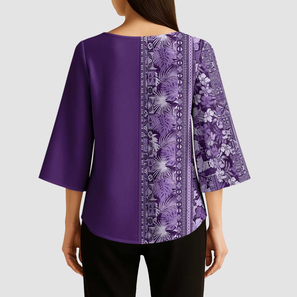 Hawaiian Tribal Elements Hibiscus Kimono Sleeve Blouse Purple Pattern LT9 - Polynesian Pride
