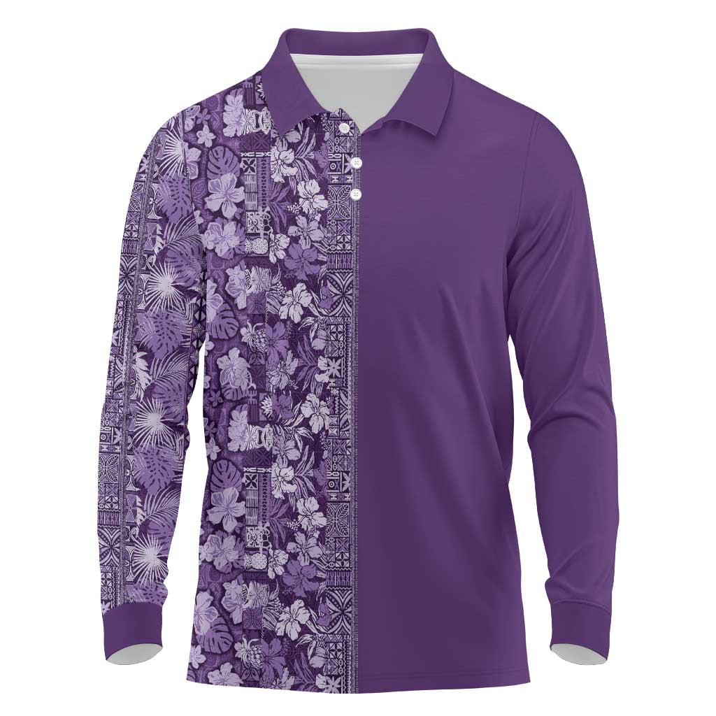 Hawaiian Tribal Elements Hibiscus Long Sleeve Polo Shirt Purple Pattern LT9 Purple - Polynesian Pride