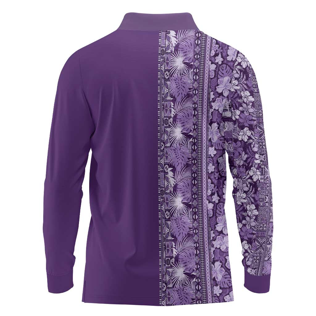Hawaiian Tribal Elements Hibiscus Long Sleeve Polo Shirt Purple Pattern LT9 - Polynesian Pride