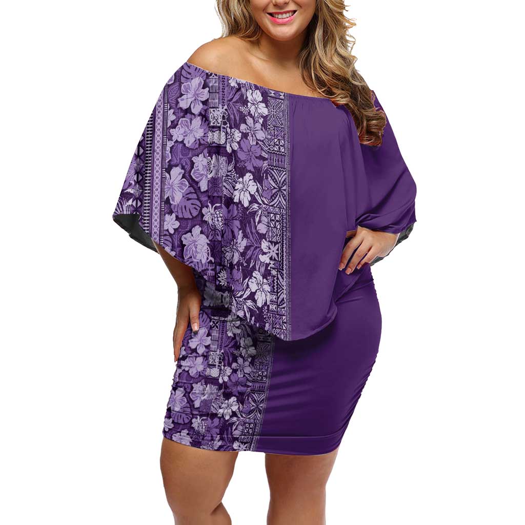 Hawaiian Tribal Elements Hibiscus Off Shoulder Short Dress Purple Pattern LT9 Women Purple - Polynesian Pride