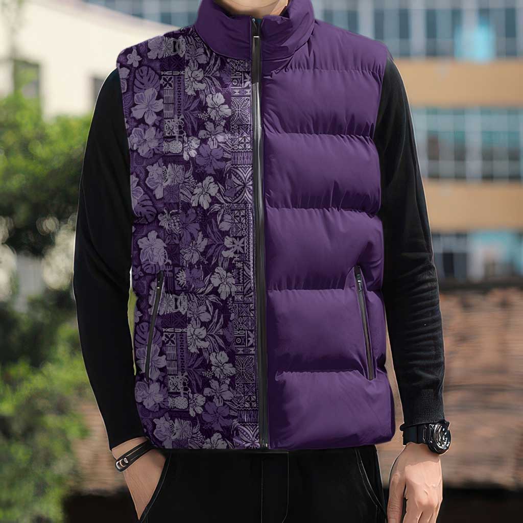 Hawaiian Tribal Elements Hibiscus Sleeveless Puffer Jacket Purple Pattern LT9 - Polynesian Pride