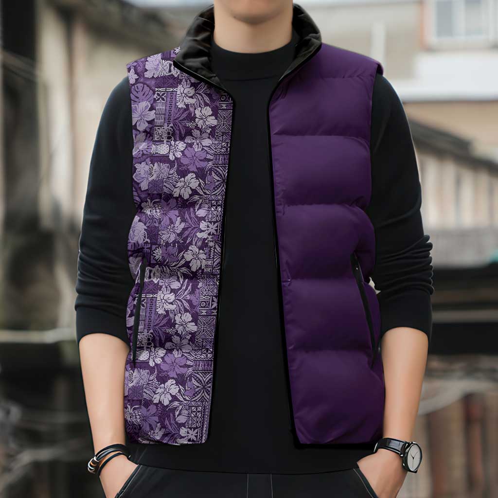 Hawaiian Tribal Elements Hibiscus Sleeveless Puffer Jacket Purple Pattern LT9 - Polynesian Pride