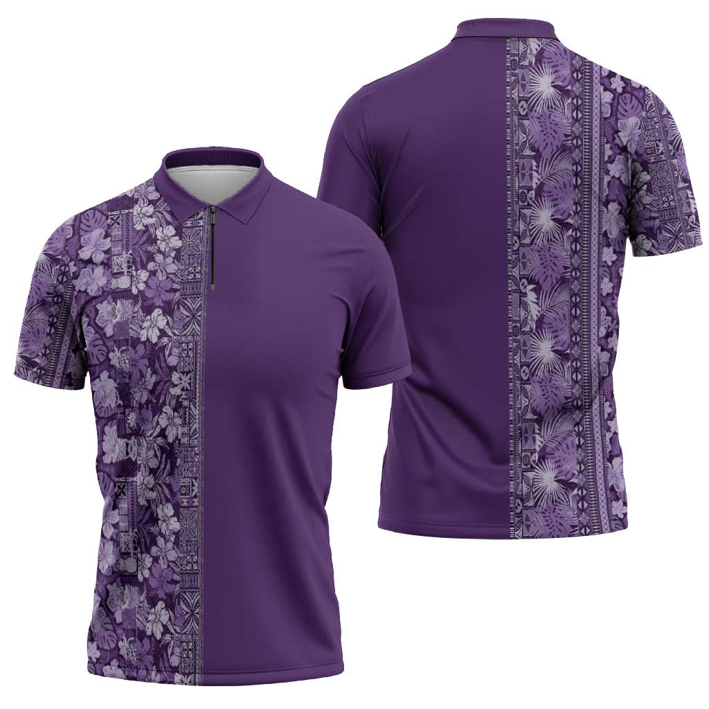 Hawaiian Tribal Elements Hibiscus Zipper Polo Shirt Purple Pattern LT9 - Polynesian Pride