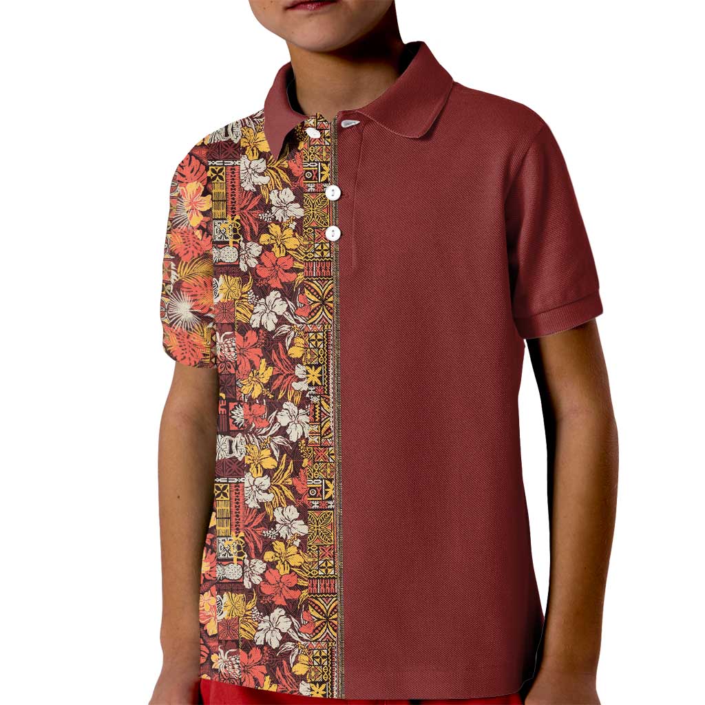 Hawaiian Tribal Elements Hibiscus Kid Polo Shirt Red Pattern LT9 Kid Red - Polynesian Pride