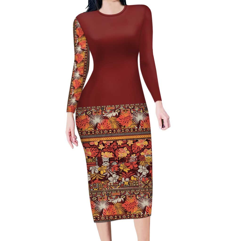 Hawaiian Tribal Elements Hibiscus Long Sleeve Bodycon Dress Red Pattern LT9 Long Dress Red - Polynesian Pride