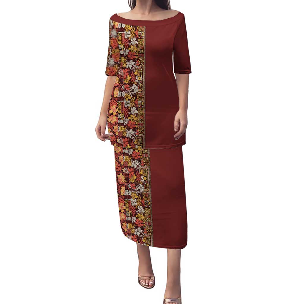Hawaiian Tribal Elements Hibiscus Puletasi Red Pattern LT9 Long Dress Red - Polynesian Pride