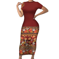 Hawaiian Tribal Elements Hibiscus Short Sleeve Bodycon Dress Red Pattern LT9 Long Dress Red - Polynesian Pride