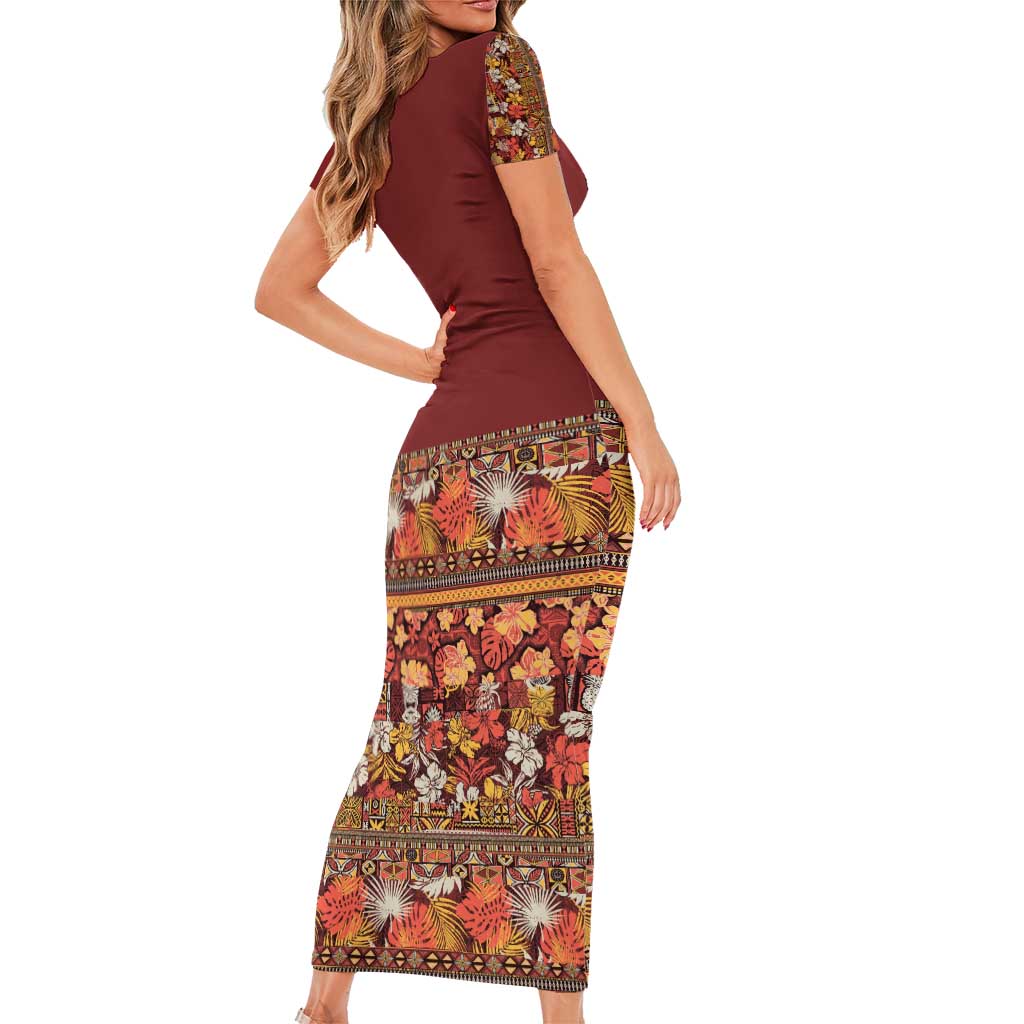 Hawaiian Tribal Elements Hibiscus Short Sleeve Bodycon Dress Red Pattern LT9 - Polynesian Pride