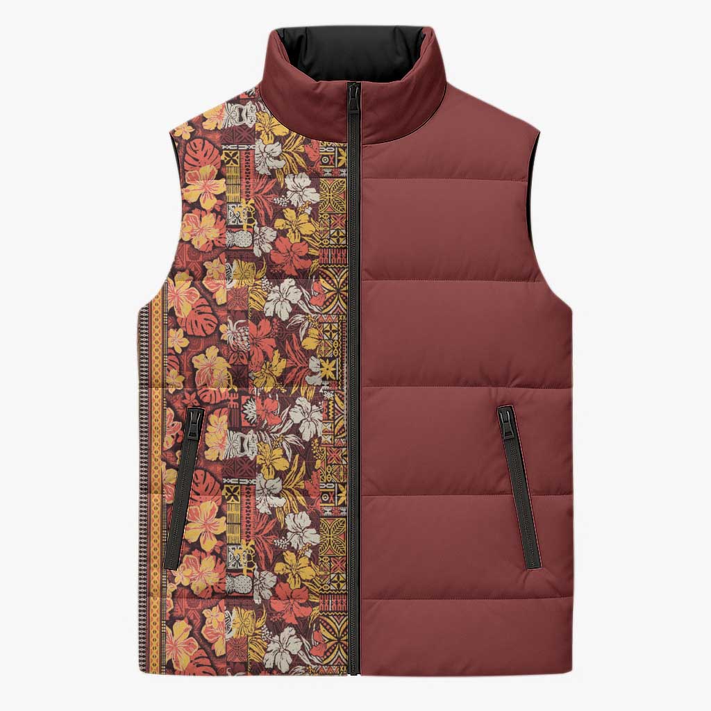 Hawaiian Tribal Elements Hibiscus Sleeveless Puffer Jacket Red Pattern LT9 Unisex Red - Polynesian Pride