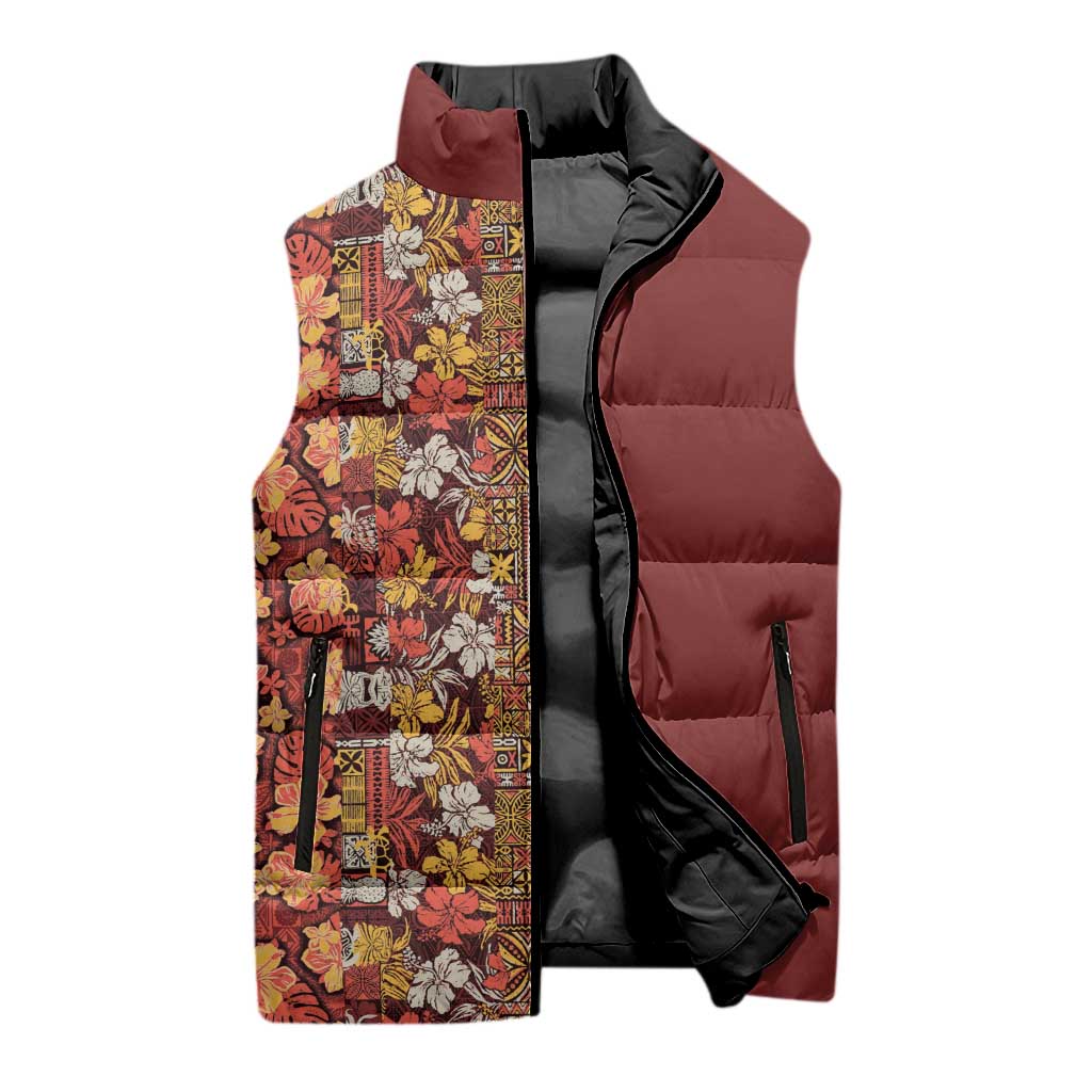 Hawaiian Tribal Elements Hibiscus Sleeveless Puffer Jacket Red Pattern LT9 - Polynesian Pride