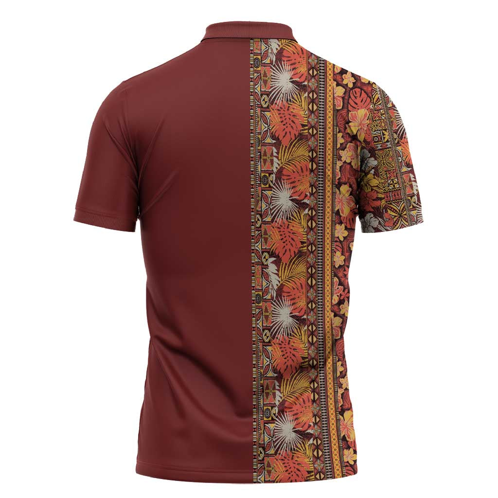 Hawaiian Tribal Elements Hibiscus Zipper Polo Shirt Red Pattern LT9 - Polynesian Pride