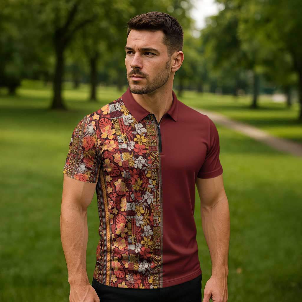 Hawaiian Tribal Elements Hibiscus Zipper Polo Shirt Red Pattern LT9 - Polynesian Pride
