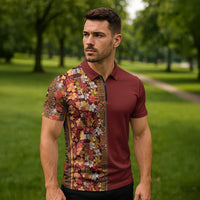 Hawaiian Tribal Elements Hibiscus Zipper Polo Shirt Red Pattern LT9 - Polynesian Pride