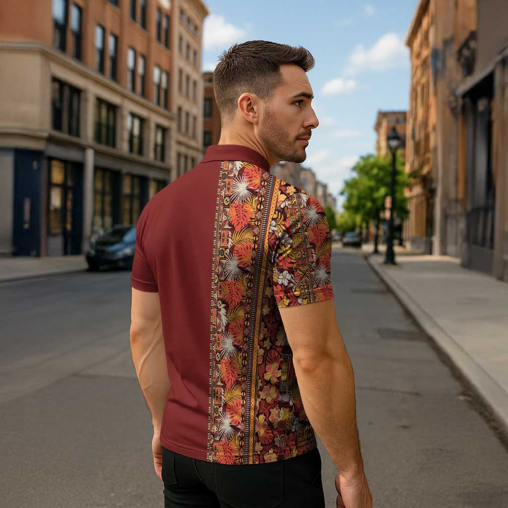 Hawaiian Tribal Elements Hibiscus Zipper Polo Shirt Red Pattern LT9 - Polynesian Pride