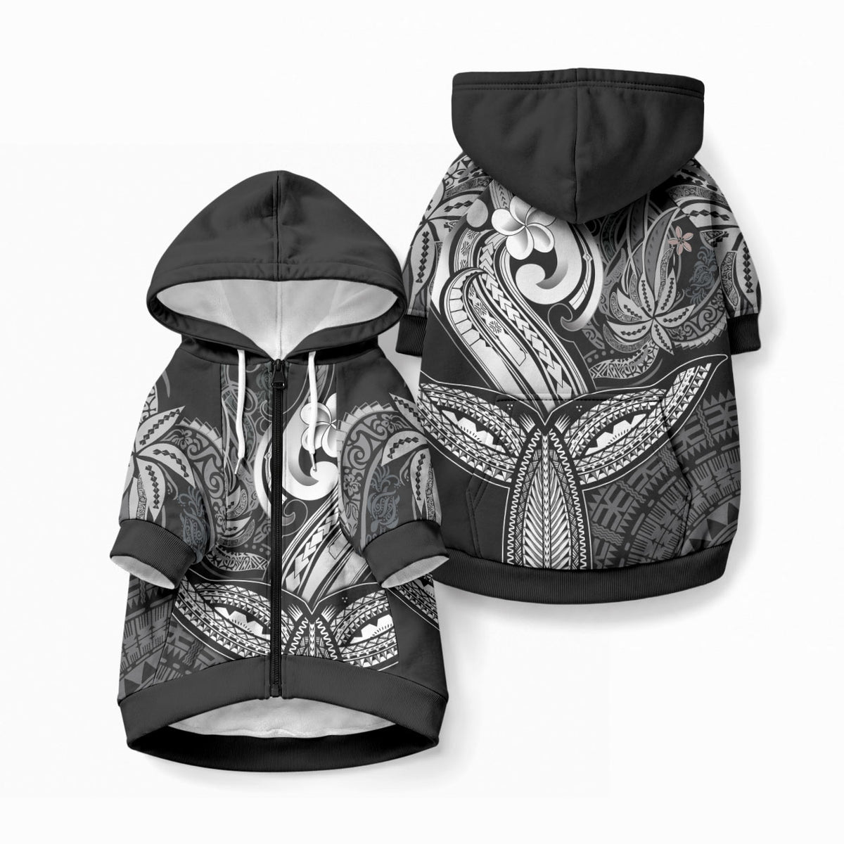 Whale Tale and Polynesian Sunset Plumeria Black Pet Hoodie LT9 Zip-up Black - Polynesian Pride