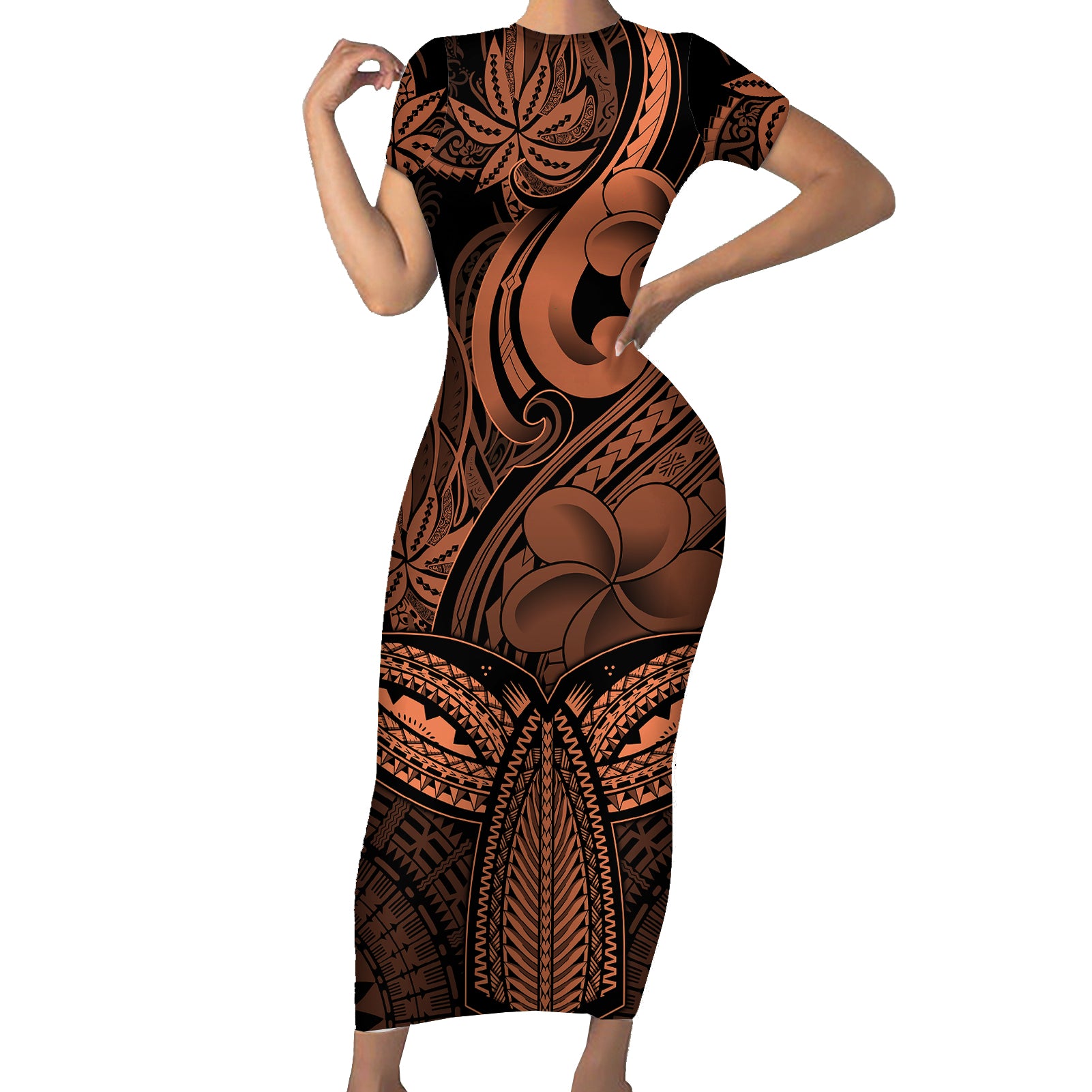 Polynesia Short Sleeve Bodycon Dress Whale Tale and Polynesian Sunset Plumeria Gold LT9 Long Dress Gold - Polynesian Pride