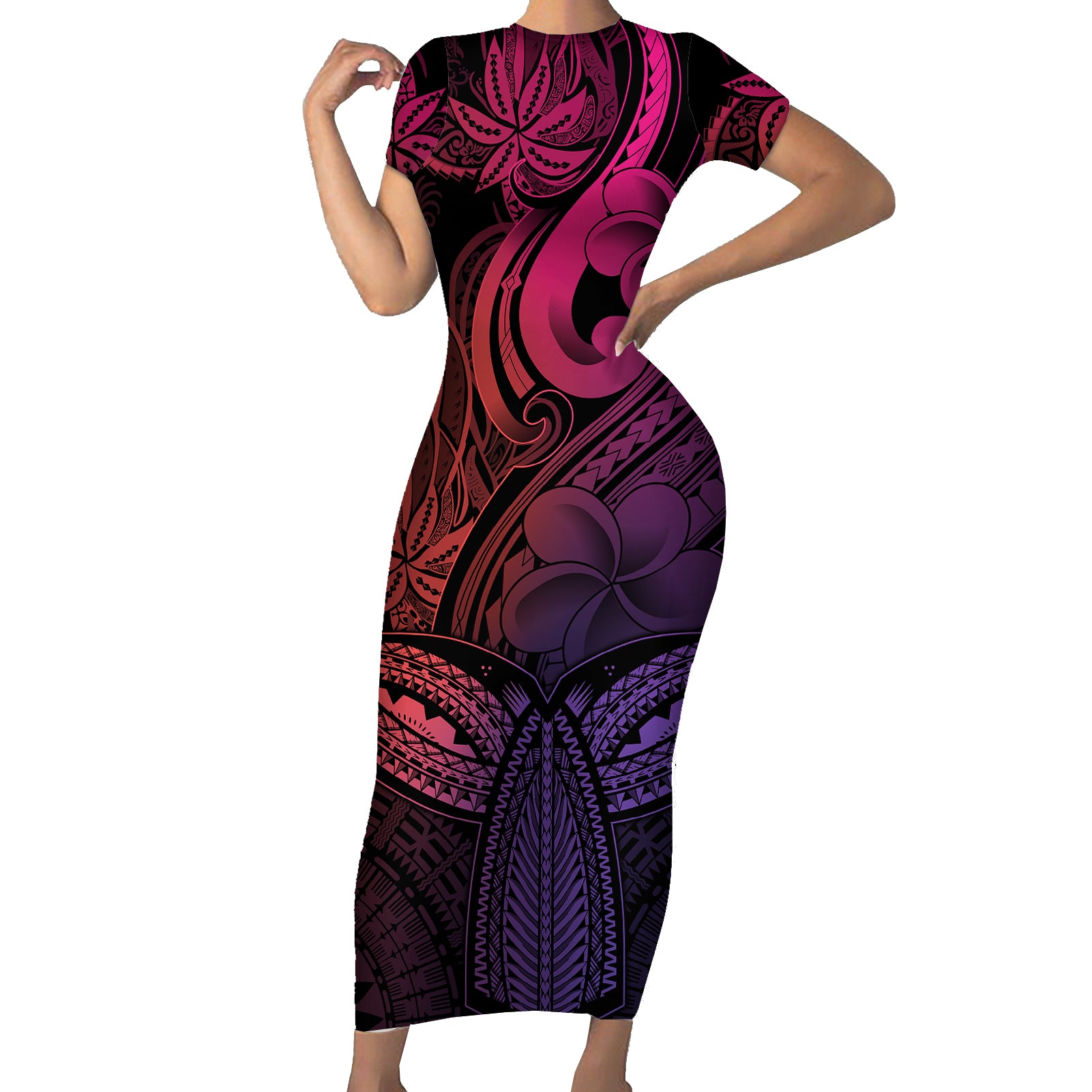 Polynesia Short Sleeve Bodycon Dress Whale Tale and Polynesian Sunset Plumeria Pink LT9 Long Dress Pink - Polynesian Pride