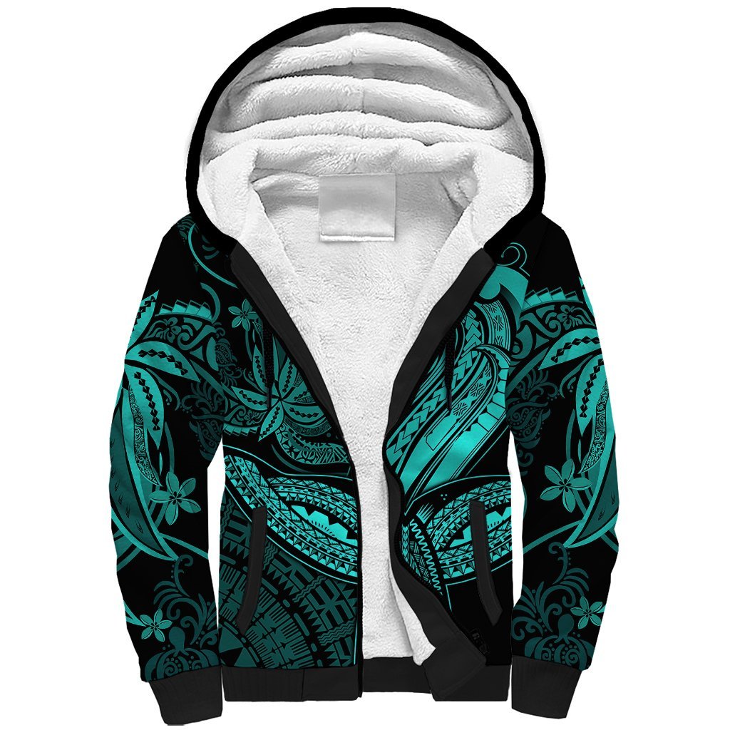Polynesia Sherpa Hoodie Whale Tale and Polynesian Sunset Plumeria Turquoise LT9 Unisex Turquoise - Polynesian Pride