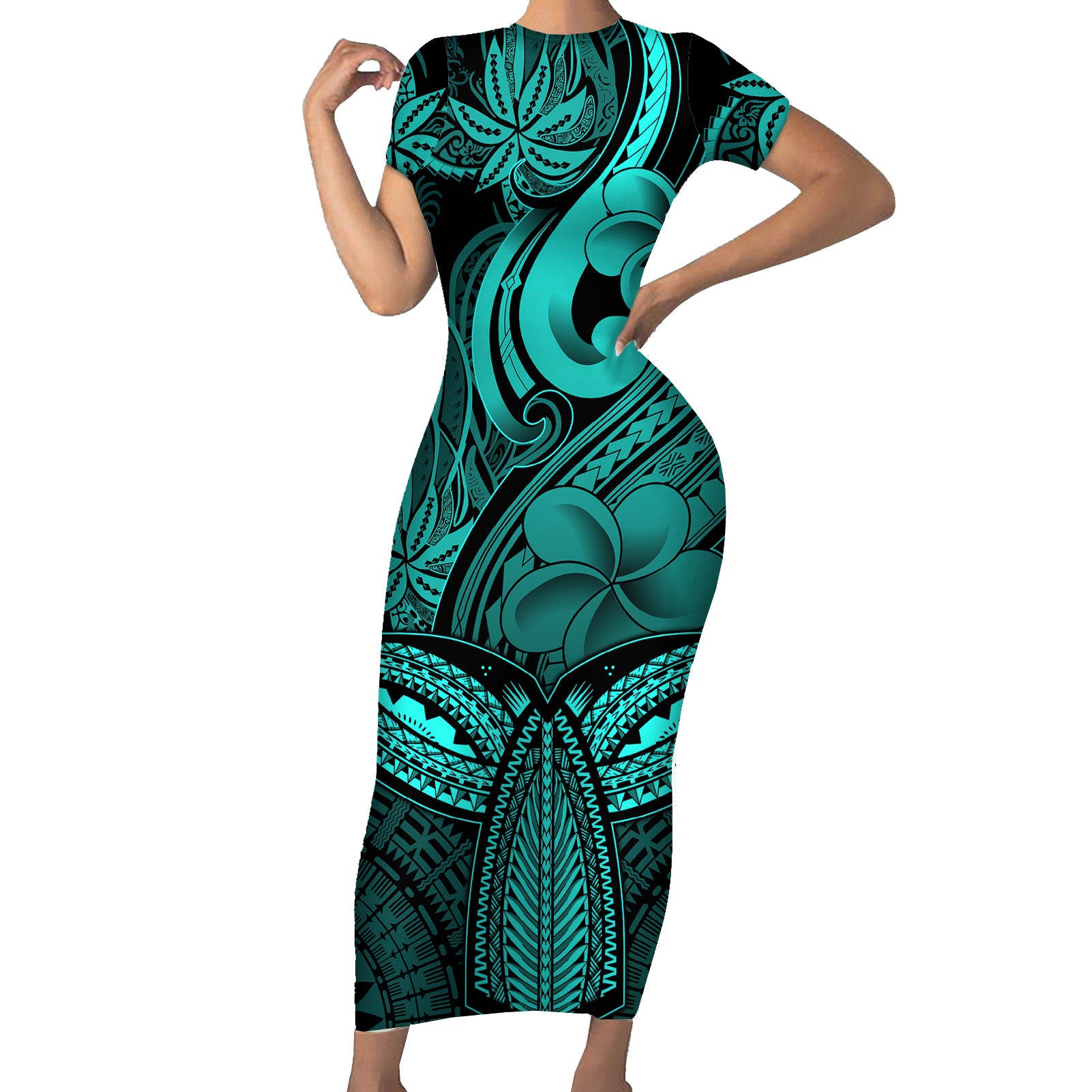 Polynesia Short Sleeve Bodycon Dress Whale Tale and Polynesian Sunset Plumeria Turquoise LT9 Long Dress Turquoise - Polynesian Pride